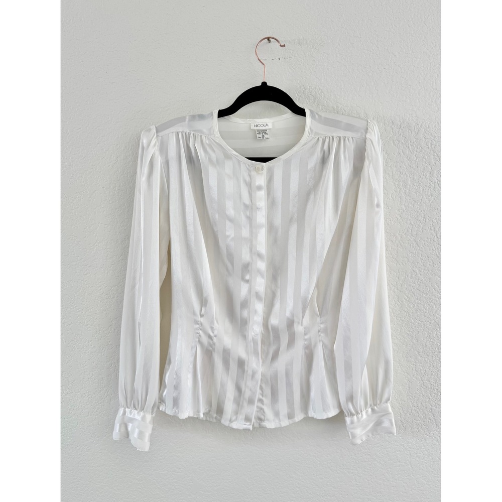 Nicola Blouse Polyester Satin Stripe Cream Vintage 80s Secretary Size 8